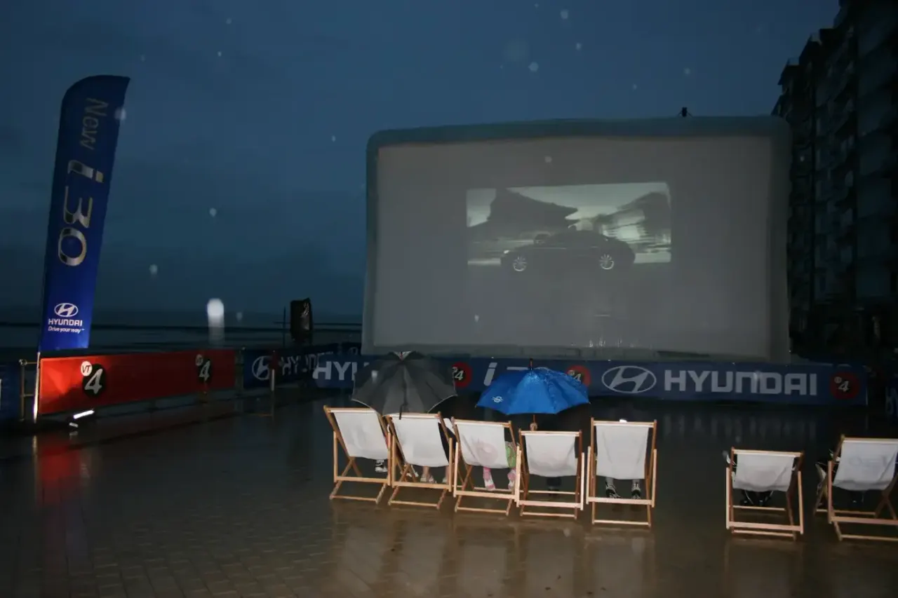 Hyundai's nighttime projection on an inflatable movie screen at Hallucine in Ostend, Belgium