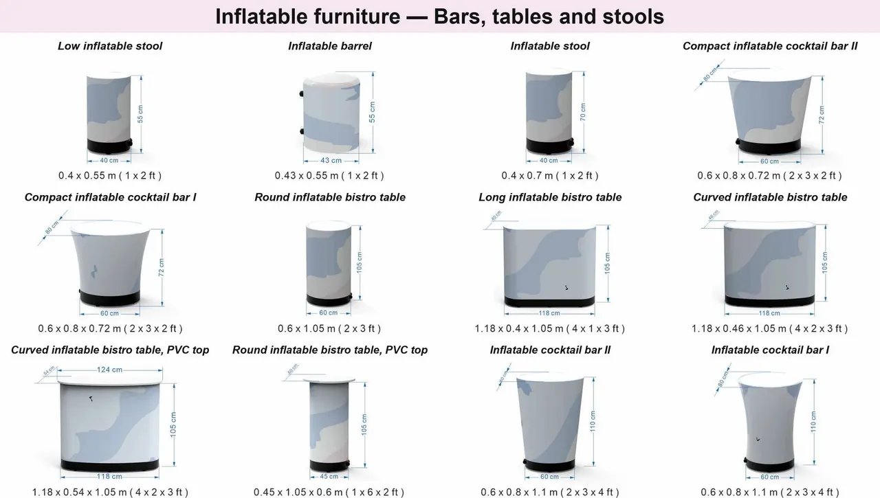 Hallucine inflatable furniture dimensions chart: stools, barrels, cocktail bars and bistro tables, dimensions in centimeters