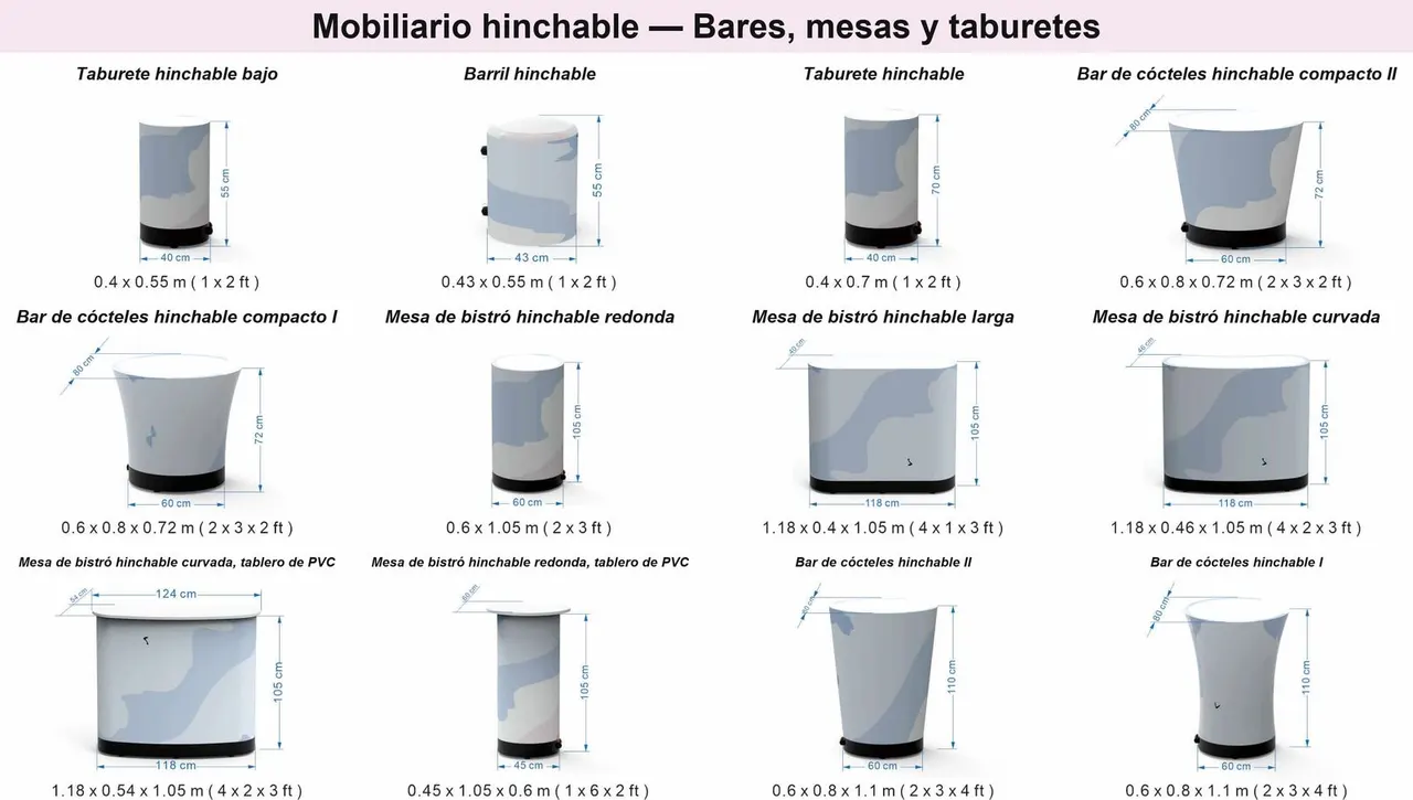 Plan de dimensionamiento del mobiliario hinchable Hallucine: taburetes, barriles, barras de cóctel y mesas bistro, medidas en centímetros