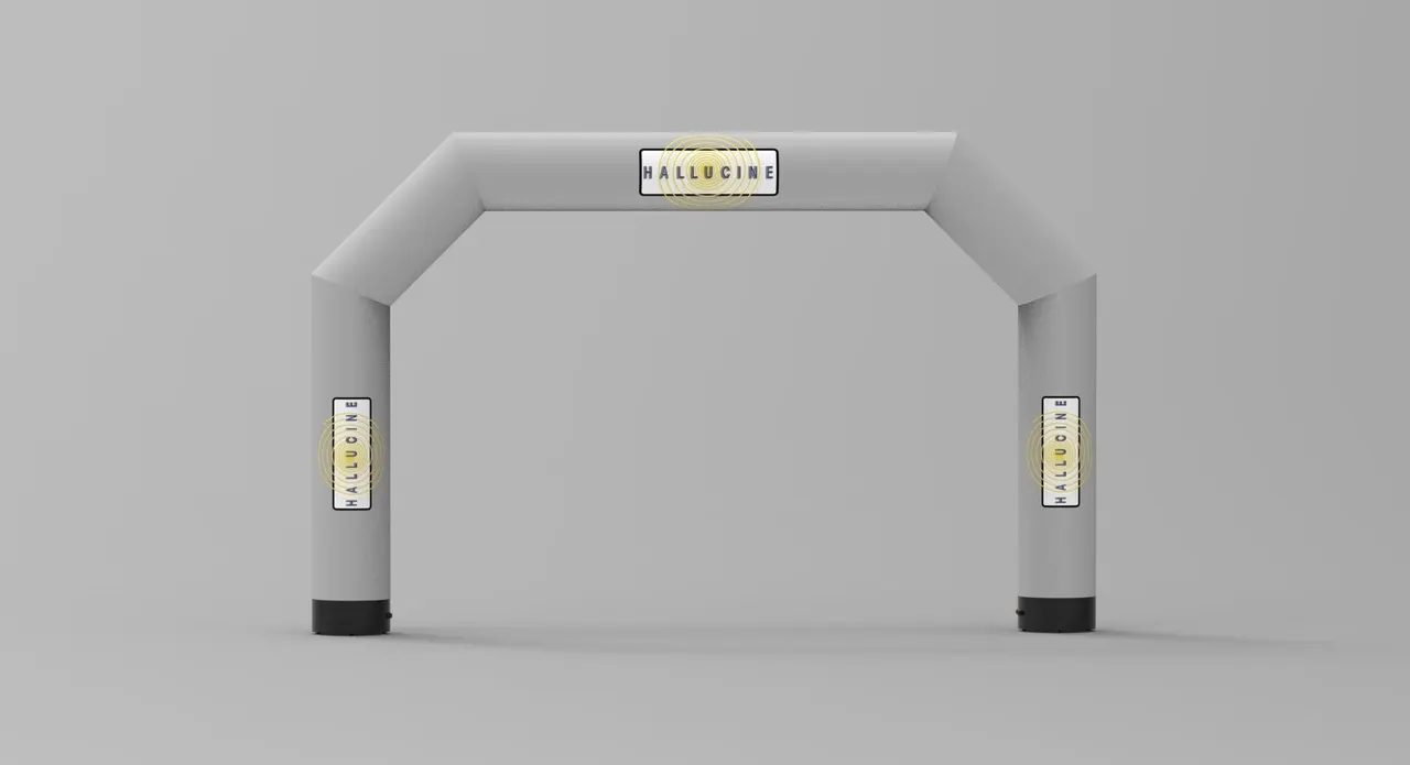 Visuel de synthèse d'une arche gonflable grise à angles droits floquée du logo Hallucine, présentée sur fond neutre studio